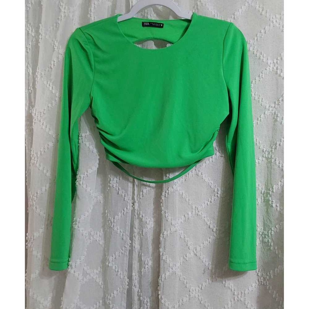 Zara Green Ruched Open Back Long Sleeve Crop Top Medium Cutout Bodycon Shirt